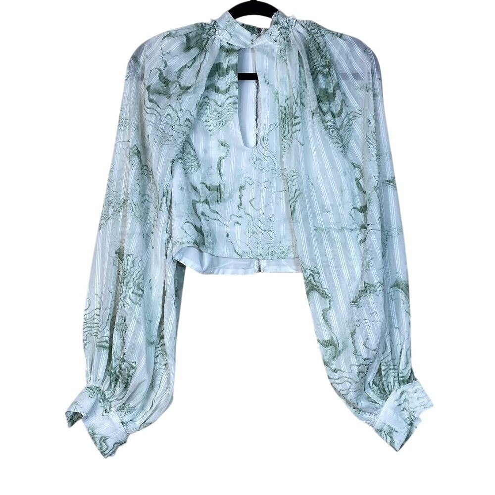 Shein Green Marble Print Keyhole Bishop Sleeve Crop Top Blouse Size M